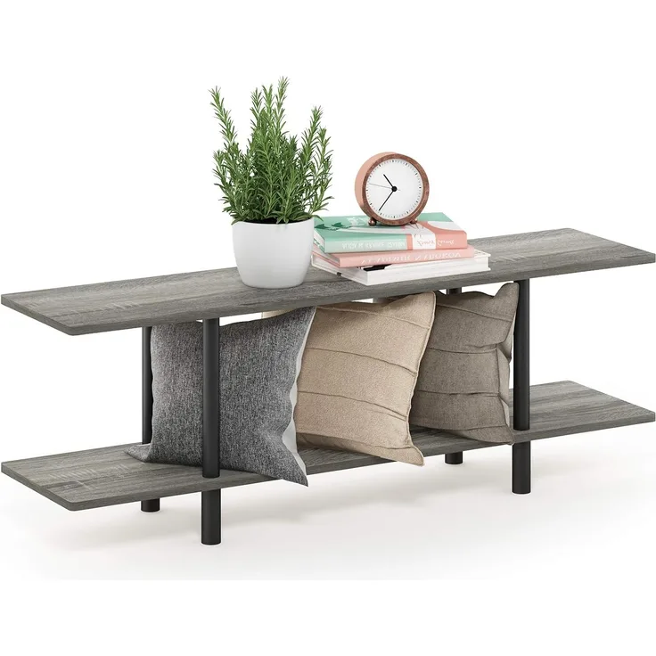 Furinno breites Regal mit 2 Ebenen, Französische Eiche Grau/Schwarz, 29.49 x 119.9 x 41.2 cm