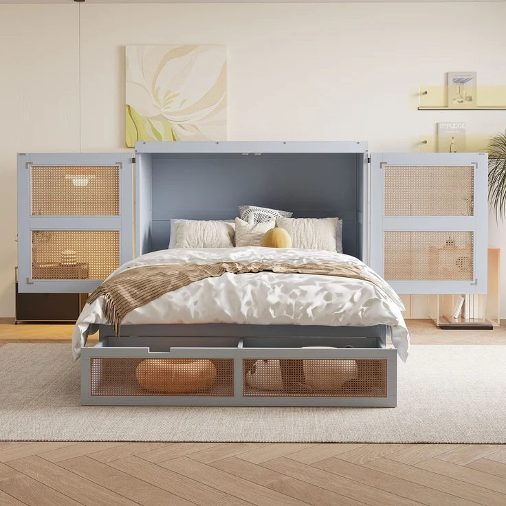 Schrankbett 140 x 200 cm, Wandbett mit Lattenrost, Wandklappbett, Vertikales schrankbett mit Lattenrost, mit Stauraumschubladen, Rattan-Design, Holzbetten, Jugendbetten, Einzelbetten, Grau – Bild 2