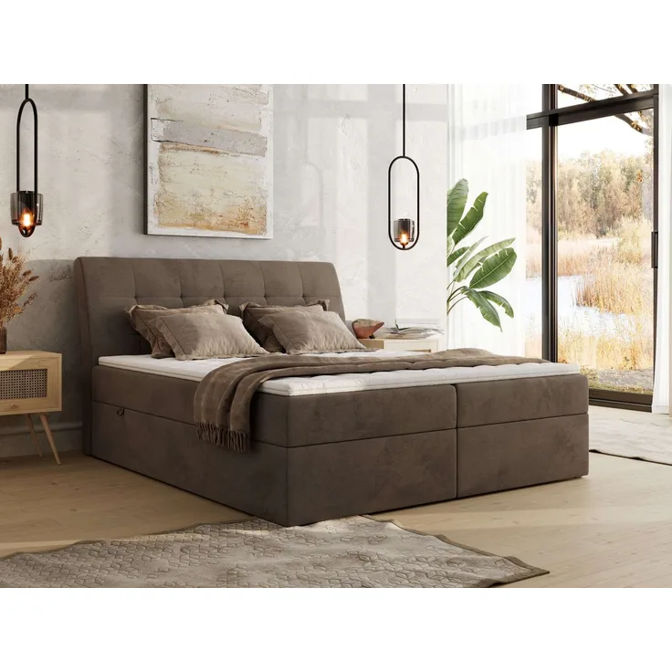Boxspringbett DAGOS 160 x 200 cm mit Kopfteil, Lattenrost und Stauraum – Doppelbett mit Matratze & Topper Visco , stabile Konstruktion, Bettkasten, modernes Design - Braun Velvet - H3