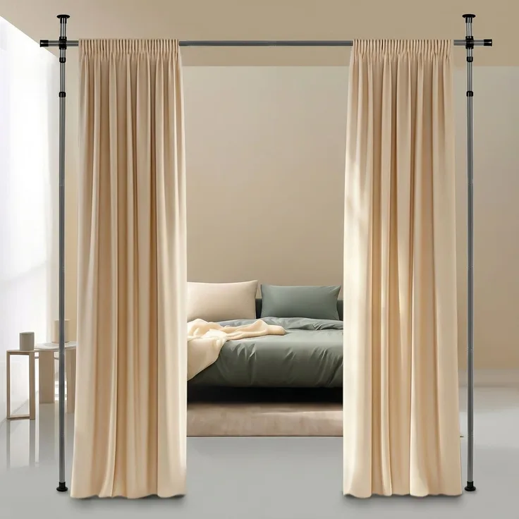 Todeco Raumteiler Paraventgestell Gardinenstangen, Freistehend Raumtrenner Paravent ohne Vorhang, Sichtschutz für Wohnzimmer, Schlafzimmer oder Büro 122–305 cm (H), 70–175 cm (B), Grau