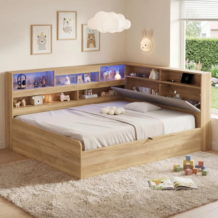 Merax Kinderbett 140x200 cm, Holzbett, Jugendbett, Daybett, Hydraulisches Stauraumbett, mit USB-Ladestation und LED-Beleuchtung, Naturfarbe – Bild 3