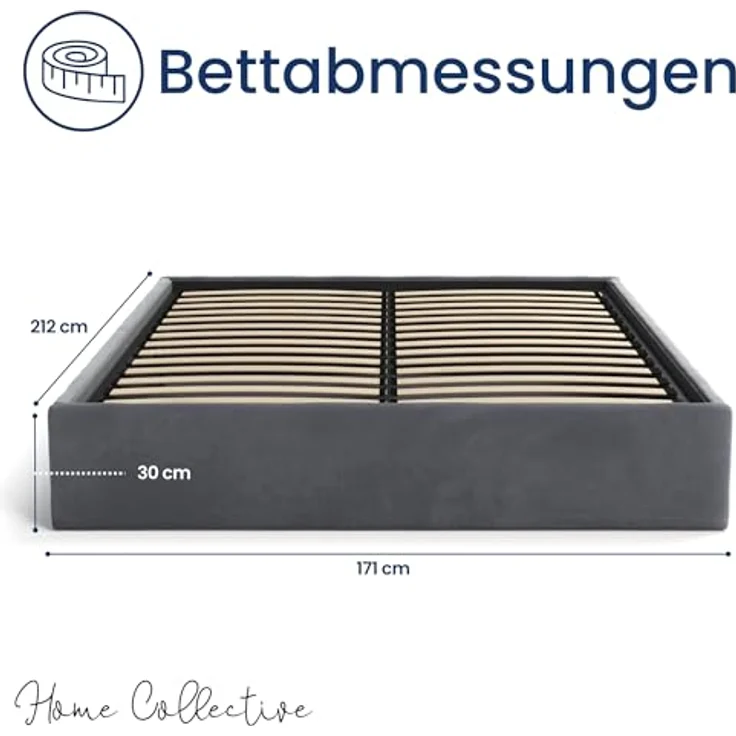 Home Collective Polsterbett Doppelbett 160x200 cm, platzsparend ohne Kopfteil, mit Lattenrost & Stauraum, weiche Samtpolsterung in graphit – Bild 2