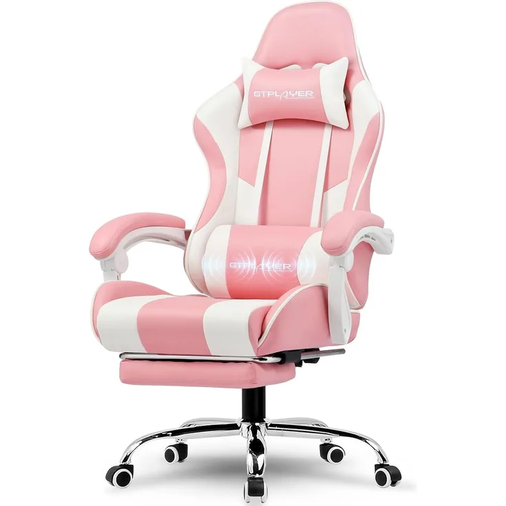 GTPLAYER Gaming Stuhl, Ergonomischer Gamer Stuhl, mit Fußstütze, Kopfstütze, Massage-Lendenkissen,  Rosa