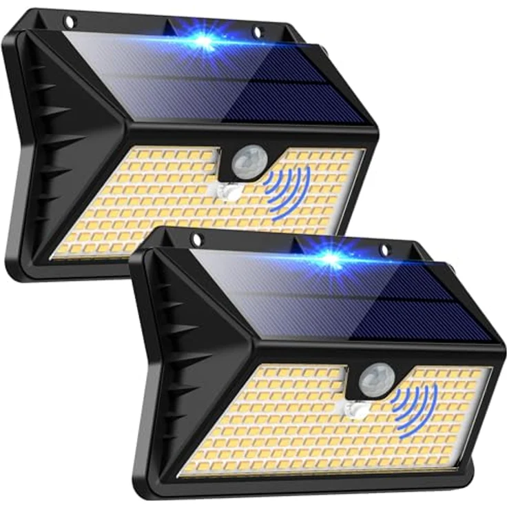 OUILA Solarlampen für Außen, 3 Modi LED Solar mit Bewegungsmelder, 185 LED Solarleuchten Lampe Outdoor IP65 Wasserdichte Wandleuchte für Garten, Hof, Stufen, Deck, Haustüren, Garage(2 Stück Warmweiß – Bild 2