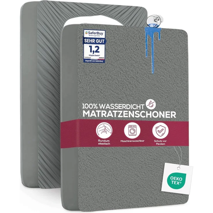 Utopia Bedding Matratzenschoner 140 x 200 x 30 cm Wasserdicht, Oeko-TEX Zertifiziert Matratzenauflage Atmungsaktive, Matratzenschutz, Rundum Elastisch Grau