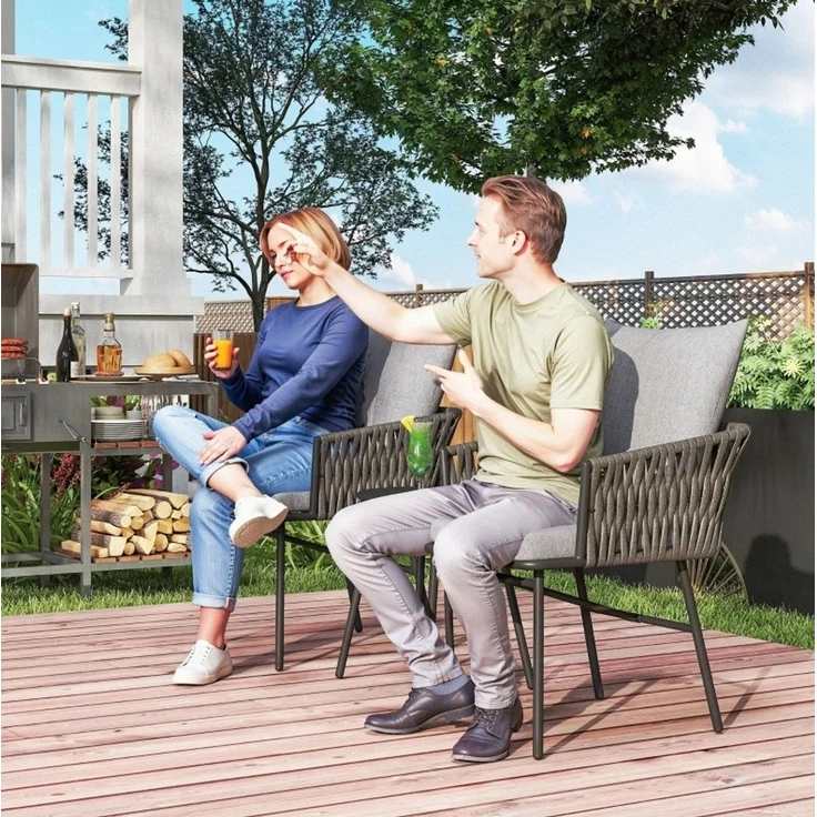 Essstuhl-Set mit Tisch 40x40x49 cm und Stühlen 58x63x69 cm, Grau, Stahlrahmen, Rattan, abnehmbare Bezüge – Bild 2