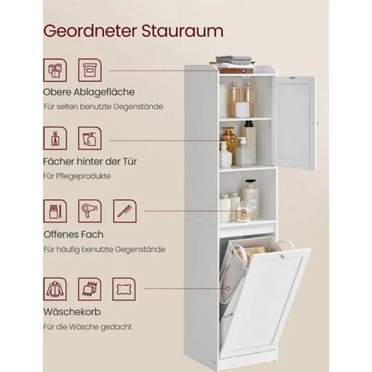 Vasagle Badezimmerschrank mit Wäschekorb, MDF weiß, 40 x 40 x 170 cm – Bild 2
