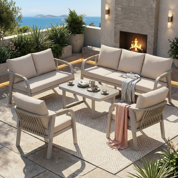 Merax Gartenmöbel-Set 5-tlg, Gartenlounge-Set mit 3-Sitzer-Sofa, 2-Sitzer-Sofa, 2 Sessel und 1 Couchtische, Terassenmöbelset 7 Sitzer, Beige – Bild 3