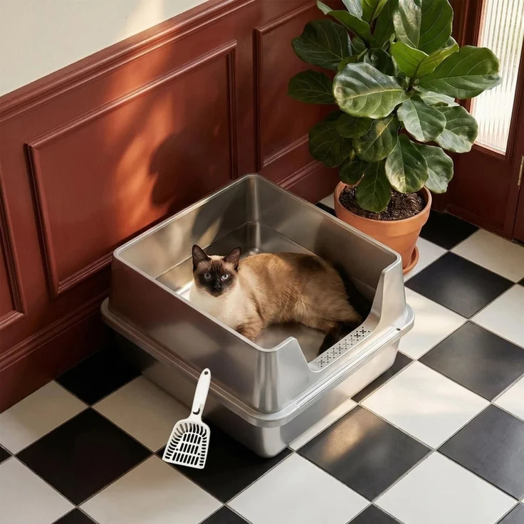 Halupeit XXL Katzentoilette aus Edelstahl, hoher Rand zum Schutz vor Spritzern und Auslaufen, leicht zu reinigen, Streuschaufel inklusive, Hellgrau, 61 x 40.5 x 29.5 cm – Bild 5