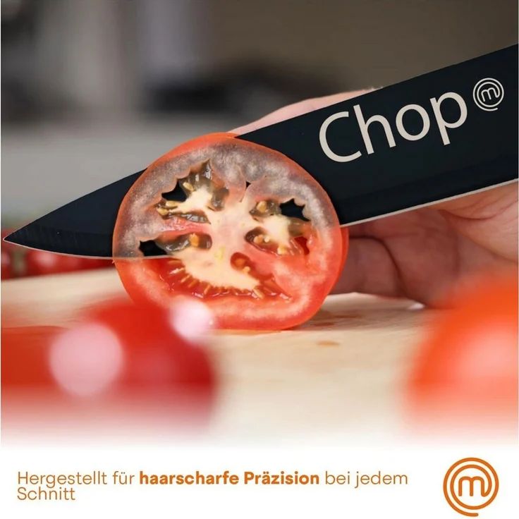MasterChef Messer Set, Messerset mit Küchenmesser, Kochmesser, Brotmesser, Schälmesser & Allzweckmesser, Schneidemesser Küche Set, Scharfe Messer mit Edelstahlklingen, Softgriff, 5-teilig, Schwarz – Bild 3