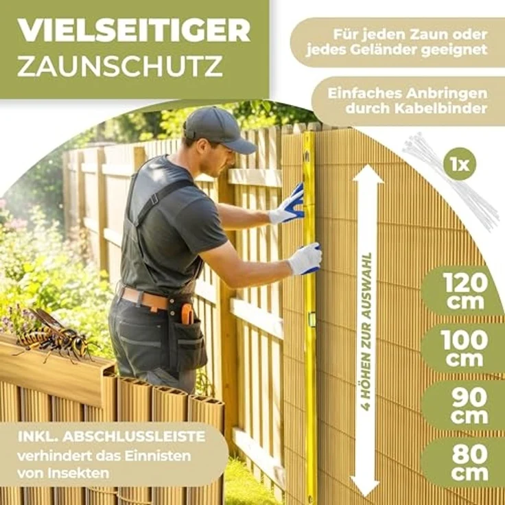 KESSER® PVC Sichtschutzmatte Sichtschutzzaun 100x400 cm Balkonverkleidung Windschutz verstärkte Lamellen für Garten Balkon & Terrasse Balkonumrandung inkl Kabelbindern, Abdeckung & Handschuhe Bambus – Bild 3
