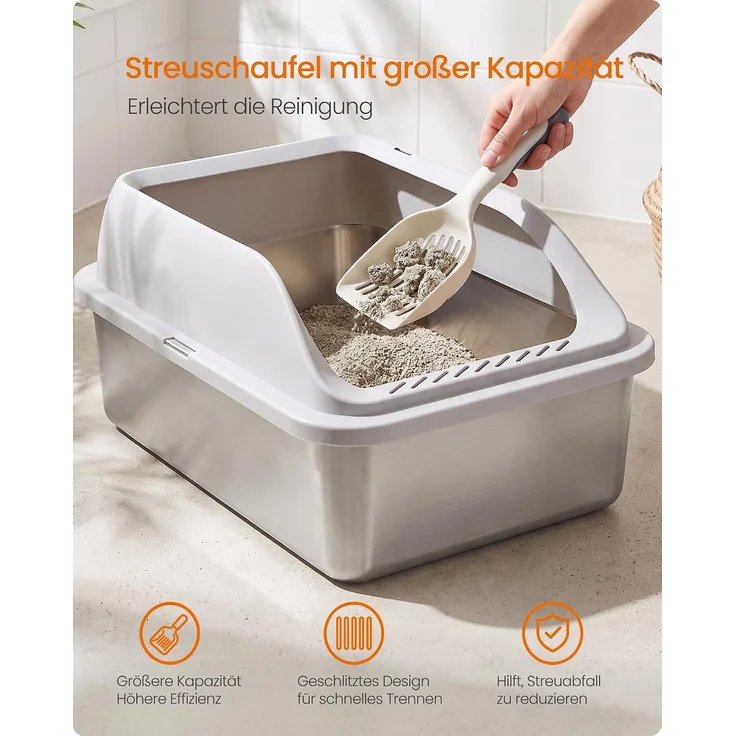 FEANDREA Edelstahl Katzenklo XXL Offen mit Hohem Rand und Spritzschutz 51 x 36 x 26 cm Grau – Bild 6