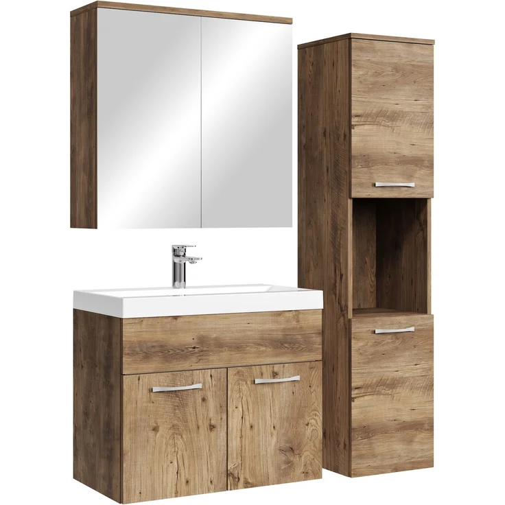 Badplaats Badmöbel Komplettset Montreal 60x35 cm Braun Eiche - Badezimmermöbel mit Waschbecken, Spiegelschrank und Badezimmerschrank – Bild 1