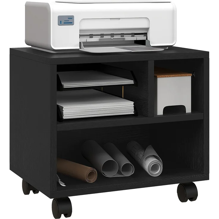 Druckerhalter, Büroschrank, Rollcontainer mit 3 offenen Fächern, 40 x 30 x 36 cm, schwarz – Bild 1