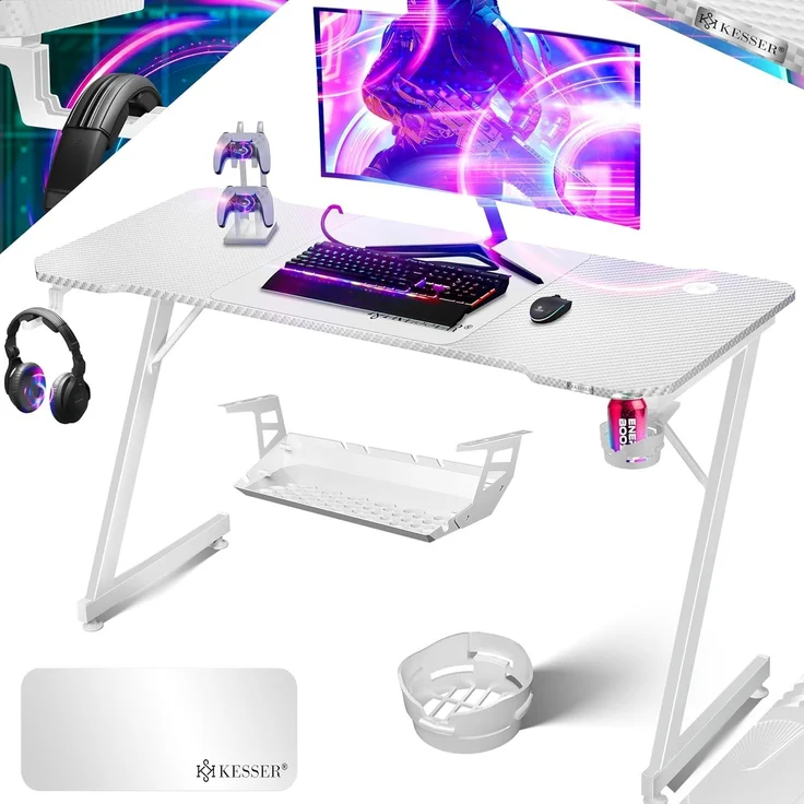 KESSER® Gaming Tisch LED | Z-Form Gamer Schreibtisch | Kopfhörerhaken & Kohlebeschichtung | Ergonomischer PC Computertisch | Stabiler Tisch mit Mauspad & Getränkehalter Weiß Carbon, 140 x 60 cm – Bild 1