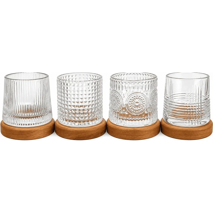 Sendez Whiskyglas 4er Set Whiskygläser 170ml Holzuntersetzer Tumbler Drehend 4 Muster, 4-tlg, Glas – Bild 2