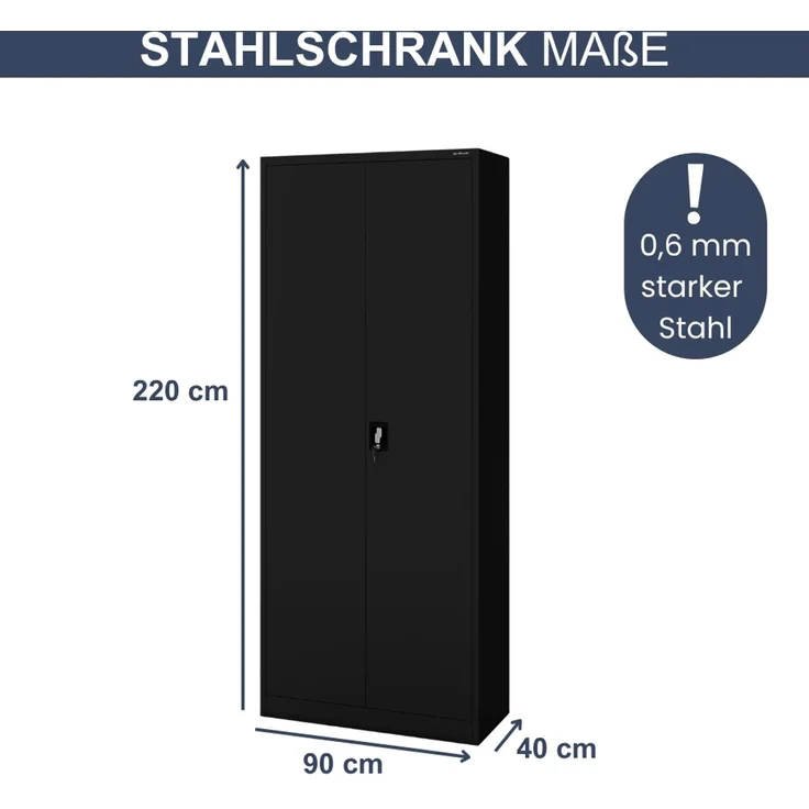Aktenschrank abschließbar KADO - 6 Ebenen verstellbar, Flügeltüren | Metallschrank Werkstatt Mehrzweckschrank Büroschrank aus Stahl Werkzeugschrank, 220 x 90 x 40 cm Schwarz – Bild 2