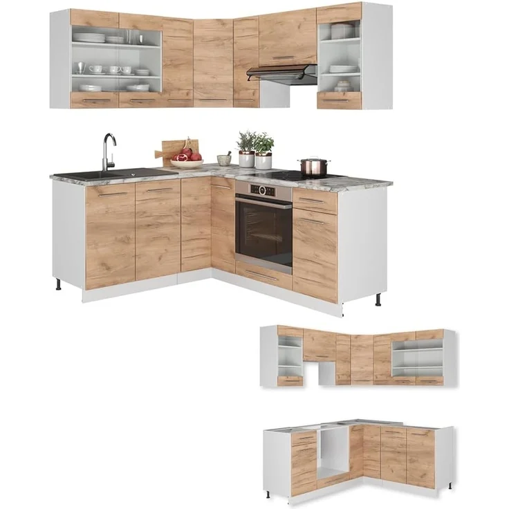 Eckküche Fame-Line Goldkraft Eiche/Weiß 190 x 160 cm ohne Arbeitsplatte Vicco – Bild 7