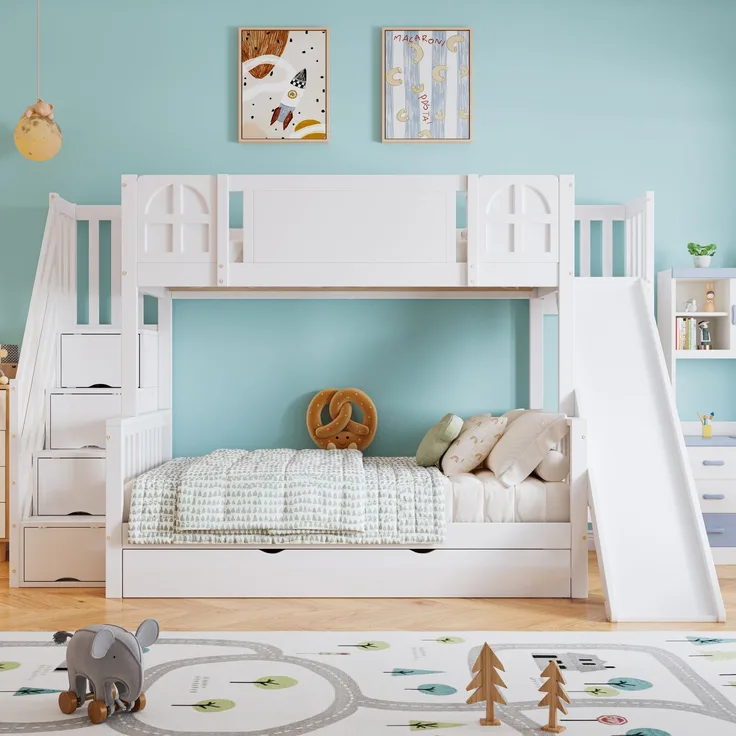 Merax 90x200cm Etagenbett, Kinderbett Mit Fenster, Mit Kinderrutsche, Schubladen mit Rollen, Treppen mit Handlauf, Mit 4 Schließfächer in der Treppe, Weiß