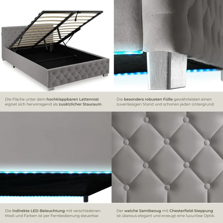 tectake Polsterbett Komfortbett mit LED-Leisten & Stauraum - Samtoptik mit Steppmuster (Bettset, in Dunkelgrau), stabiler Stahlrahmen, Belastbarkeit 250 kg – Bild 6