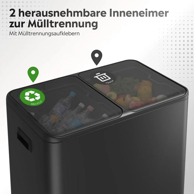 WLIVE Mülleimer Küche 60L (2x30L), Doppel-Mülleimer mit 2 Fächern, Edelstahl, für Küche & Haushalt – Bild 3