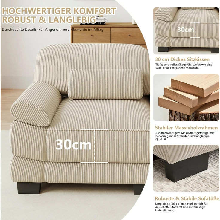 DESVIAE Sofa Beige aus Cord – 336x88,5x94 cm – Lendenkissen, modulare Elemente – Bild 6