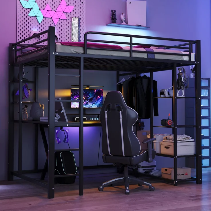 ZUBALIYA Metall-Hochbett mit Leiter 140x200 cm, Juniorbett Doppelbett mit Tisch mit einfachen Kleiderbügeln mit Ablagefächern, Schwarz – Bild 1
