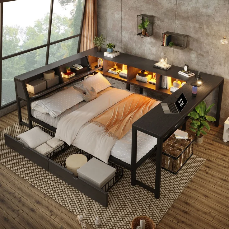 U-life Metallbett 140x200 cm, für Jugendliche, LED-Beleuchtung, Schreibtisch & Schubladen, Multifunktionales bett, MDF, Schwarz – Bild 2