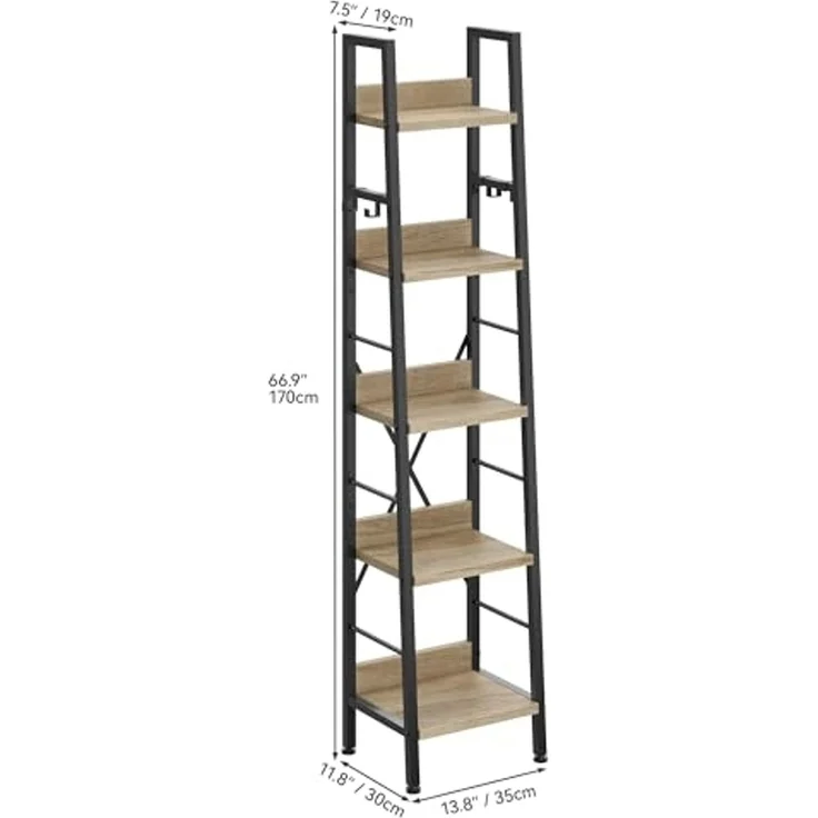 YITAHOME Schmal Bücherregal mit 5 Ebenen 35 cm Breit, Industrielles Leiterregal Standregal Holzregale und Metallrahmen, Modernes Regal für Wohnzimmer, Eichenfarbe – Bild 3