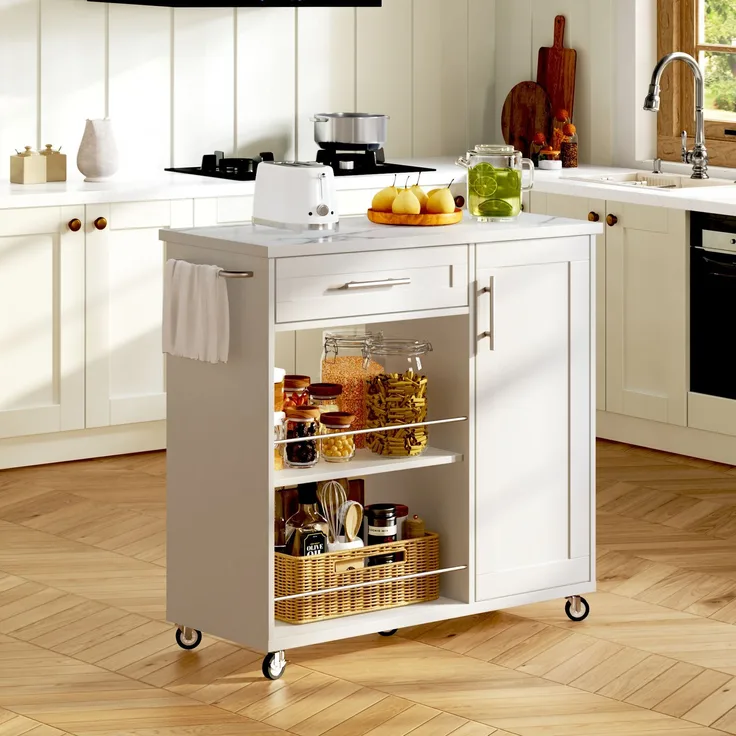 Küchenwagen 90 x 62 x 90 cm mit Marmor-Optik Arbeitsplatte, Schublade, Schrank, 2 offenen Regalen, Handtuchhalter, feststellbaren Rollen, Weiß