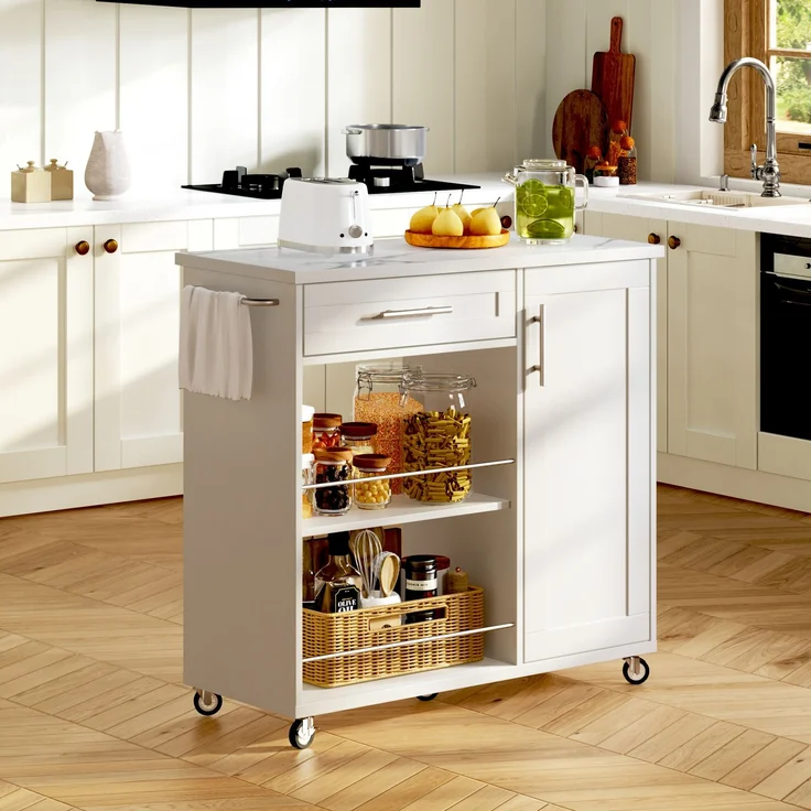 Küchenwagen 90 x 62 x 90 cm mit Marmor-Optik Arbeitsplatte, Schublade, Schrank, 2 offenen Regalen, Handtuchhalter, feststellbaren Rollen, Weiß – Bild 1