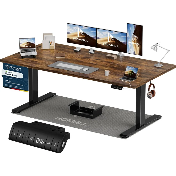 Homall Höhenverstellbarer Schreibtisch 180x80 cm mit USB-A Ladeanschluss, Elektrischer Schreibtisch mit Kabel Management Tray, Standing Desk mit 3 Memory Funktion, Computertisch Braun