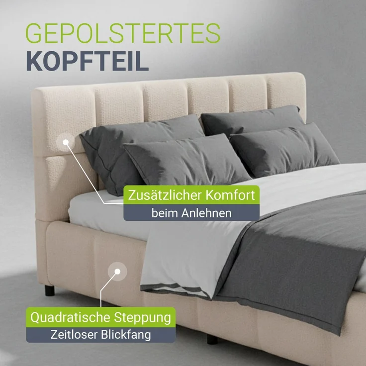 Juskys Polsterbett Florenz 140 x 200 cm – Bouclé, modernes Bett mit Kopf- & Fußteil, stabilem Holz- & Metallrahmen, Lattenrost, 500 kg Tragkraft – Beige – Bild 5