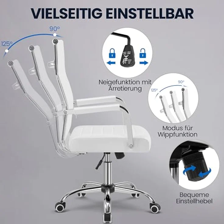Yaheetech Bürostuhl ergonomischer Schreibtischstuhl mit Armlehnen, Chefsessel Computerstuhl hoher Rückenlehne, Arbeitsstuhl mit Wippfunktion bis 136 kg Belastbar Weiß – Bild 6