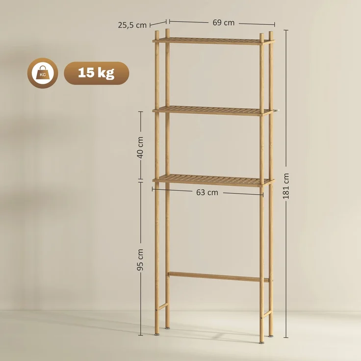 HOMCOM Badregal mit Umkippschutz, plaxtzsparend, 3 Ebenen Toilettenregal 1-tlg, für Waschküche, Land Stil, Naturholz, 181 x 25,5 x 69 cm – Bild 3