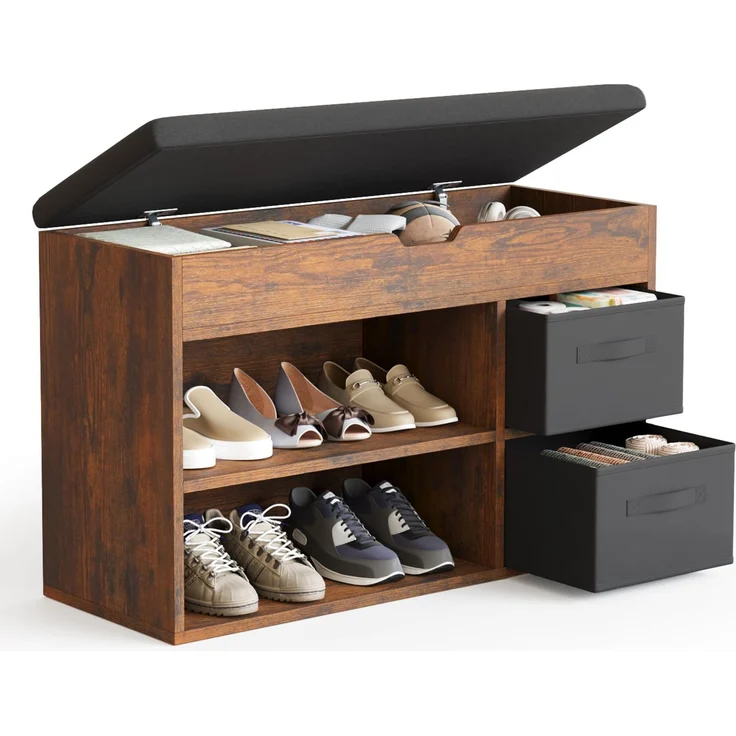 Mondeer Schuhbank mit Sitzfläche, Sitzbank mit Stauraum 2 Stoffschubladen, für Flur Eingang Wohnzimmer, 80 x 48 x 30 cm, Schwarz und Vintagebraun