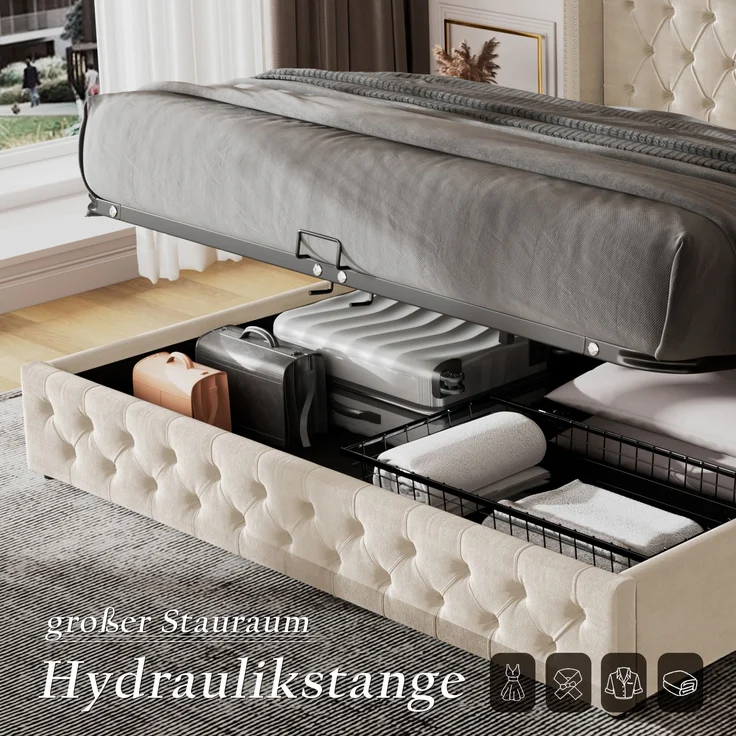 Polsterbett 140x200 cm aus Samt mit Bettkasten – Chesterfield-Design, Kopfteil 94,5 cm – Bild 2