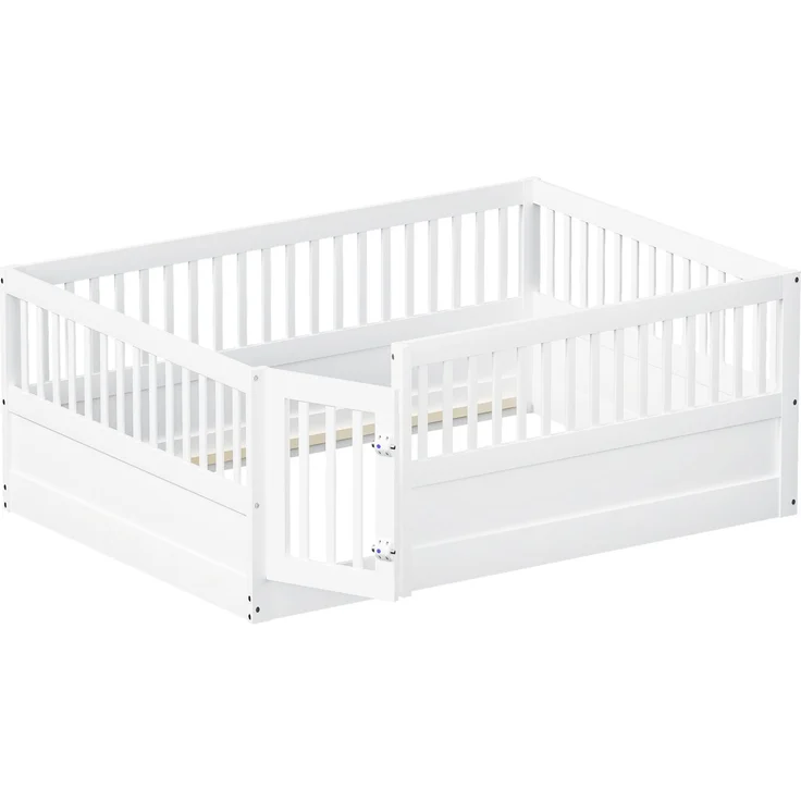 Kinder Bodenbett aus massivem Kiefernholz 140x200 cm mit Zaun & Tür,sicheres Spielbett,offenes Hausbett,Weiß – Bild 9