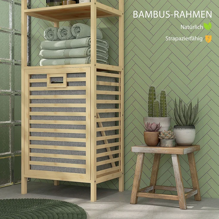 Badregal 44 x 33 x 160 cm aus lackiertem Bambus mit 3 Ablagen und kippbarem Wäschekorb – Bild 5