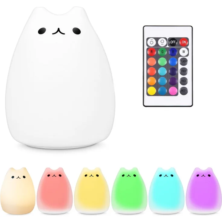 Navaris LED Nachtlicht Katze Design - Fernbedienung Micro USB Kabel - Süße RGB Farbwechsel Kinder Nachttischlampe - Kätzchen Schlummerlicht Weiß