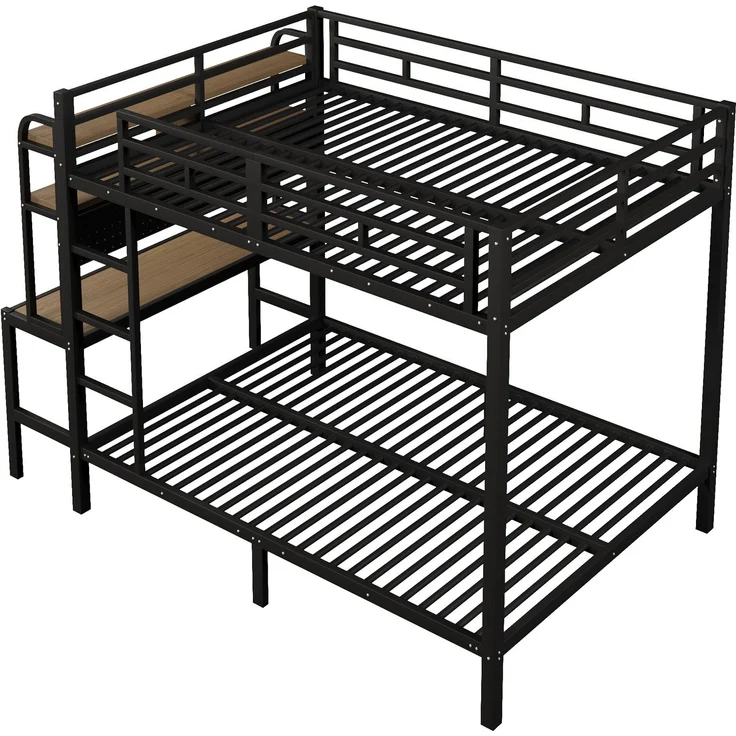 Etagenbett, 140x200 cm, Eisenrahmen, Ablagefach, Schreibtisch, mit LED-Lichtleiste, USB-Anschluss, Sicherheitsgeländer, Leiter, ohne Matratze, schwarz – Bild 9