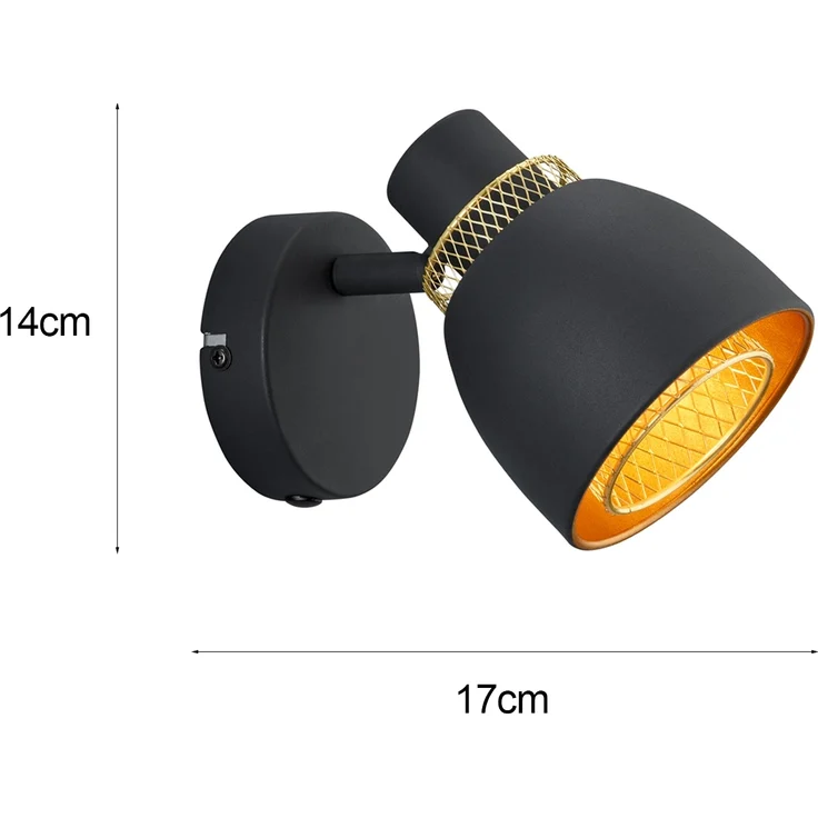 Wandstrahler PUNCH Metall Schwarz Gold mit Drahtgeflecht, Breite 10cm – Bild 3