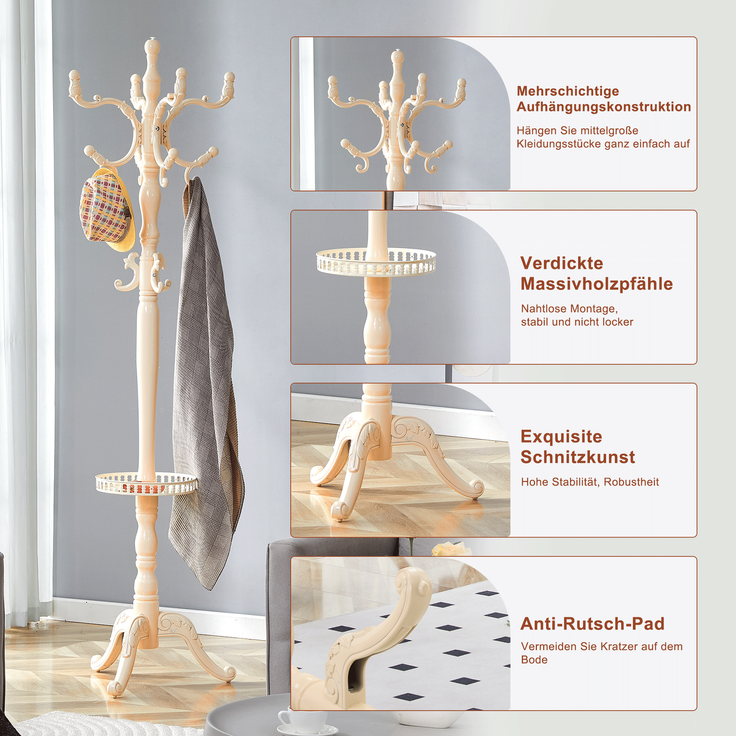 Kleiderständer 195x50x48 cm, cremeweißes Massivholz mit Mehrfachhaken – Bild 7