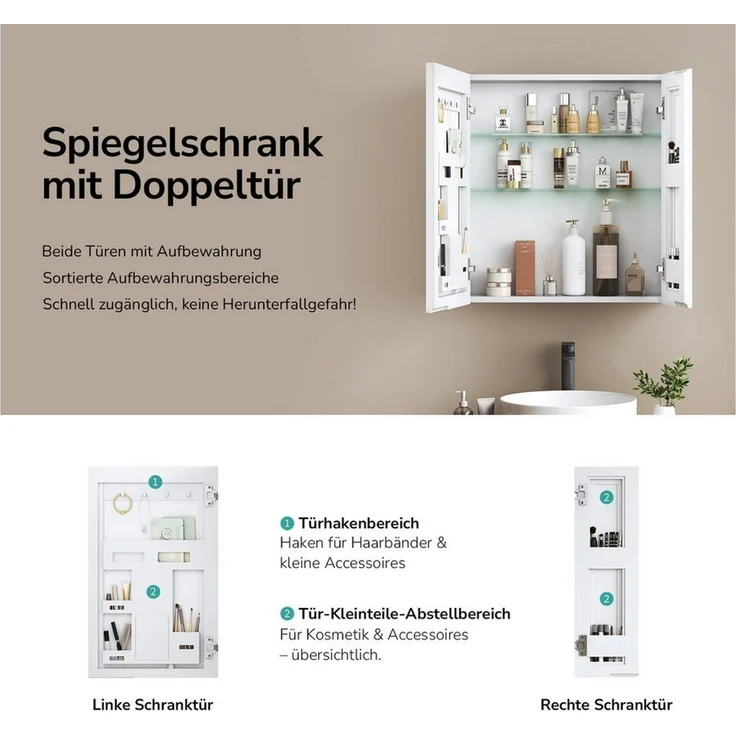 EMKE Spiegelschrank bad 60X65cm 2-türig Badezimmer Spiegelschrank Verstellbare Trennwand mit Stauraum und verstellbaren Regalen Badspiegelschrank für Bäder – Bild 2