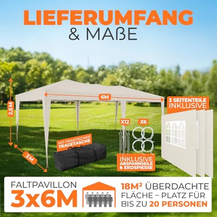 Kronenburg Faltpavillon wasserdicht Pavillon mit 3 Seitenteilen, Gartenzelt, 3x6 m - mit UV Schutz 50+, Champagner – Bild 3