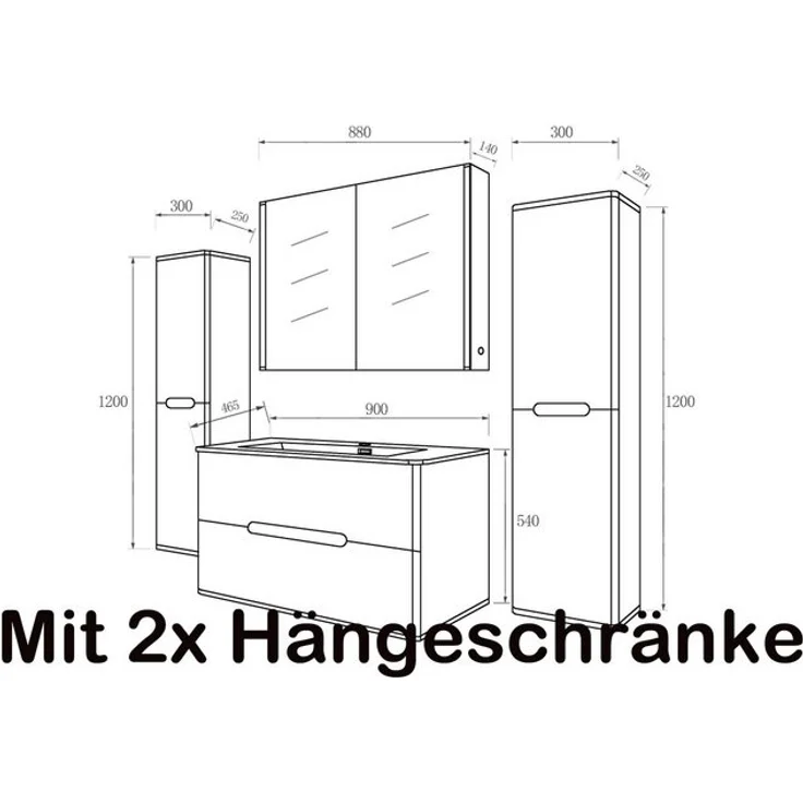 Homeline Badmöbel-Set Bad Möbelset Badezimmer Möbel Hochglanz 90 cm Eiche / Weiß Schwarz, (Spar-Set, 5-St, Fünfteiliges Set), Spiegelschrank mit Keramikbecken, Hochglanz – Bild 4