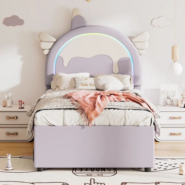 ViolettKinderbett 90x200 cm in Einhornform mit ausziehbarem Rollbett und Schubladen,Cartoon Bett violett,süßes Einhornbett mit stabilem Rahmen – Bild 4
