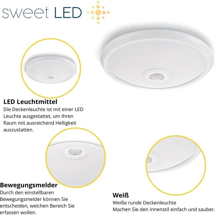 Sweet LED Deckenleuchten Bewegungsmelder weiß - LED fest integriert 12W 850lm 4000K, Bewegungsmelder, LED fest integriert, Neutralweiß, Deckenlampe – Bild 2