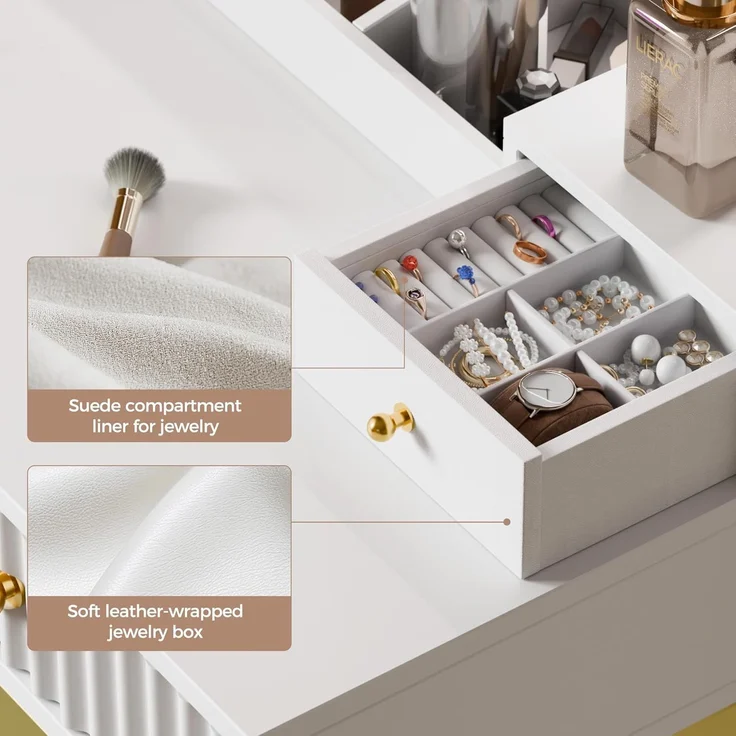 Mondeer Schminktisch mit Spiegel und Hocker, Schlafzimmer Frisiertisch mit 3 Farben LED-Beleuchtung 2 Schubladen 2 Schmuckkasten und 3 offenen Fächern, für Schlafzimmer, Weiß und Gold – Bild 2