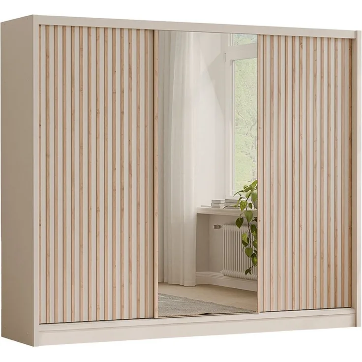 Deine Möbel 24 Schwebetürenschrank NEW YORK LUX Kleiderschrank mit Spiegel und Lamellen, 250 oder 203 cm (Set, 1-St, ideal für Schalfzimmer & Flur) in Kaschmir, modern, mit viel Stauraum